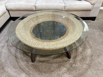 Round Glass Top Coffee Table with Woven Base