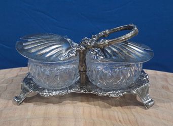 Vintage double-shell silver-plated and crystal glass bowls ~ metal caddy.