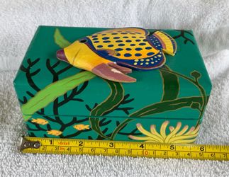 Vintage Handcrafted Coastal Decor Wooden Tropical Fish Trinket Box