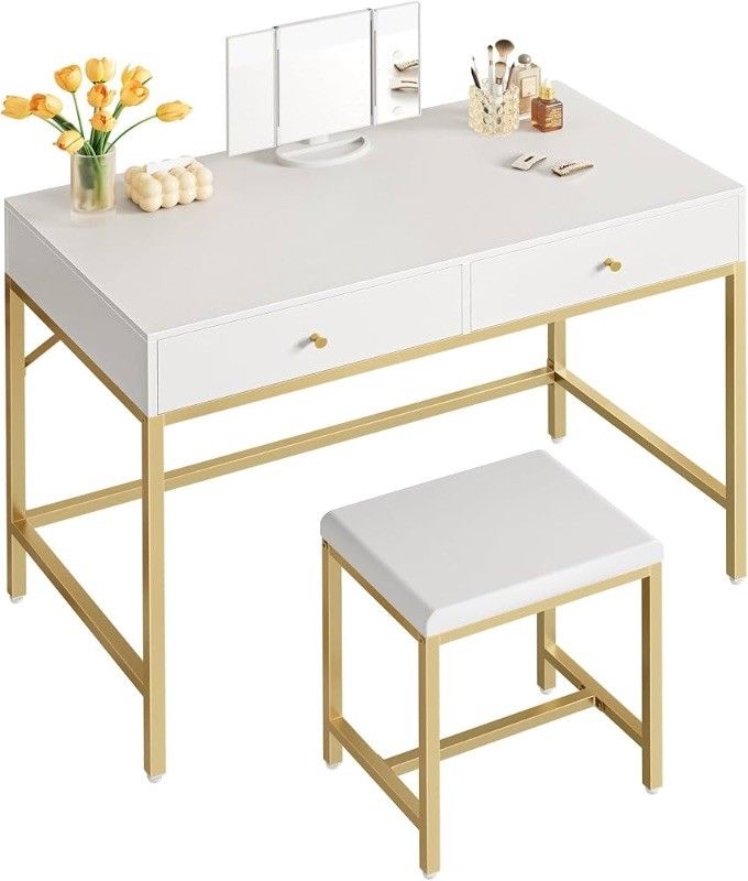 SUPERJARE Vanity Desk, Makeup Vanity with Lighted Mirror, White Desk with Drawers, 35.4 Inches Makeup Vanity Desk with Lights, for Bedroom, White and