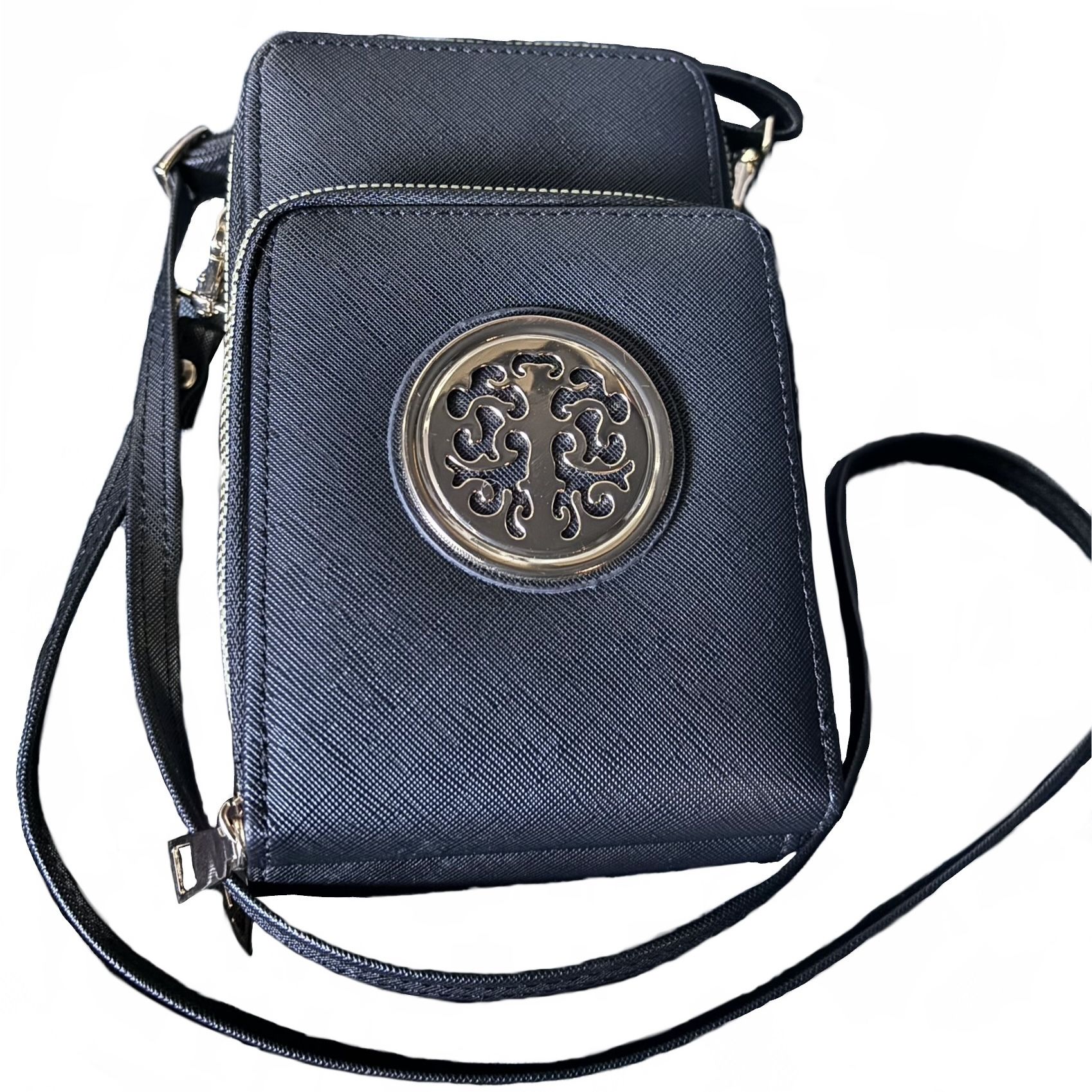 Black Faux Leather Triple-Zip Crossbody Purse — Sleek Gold Hardware Going Out Party H&M Faux Leather Emblem Shoulder Bag Crossbody Bag Y2K