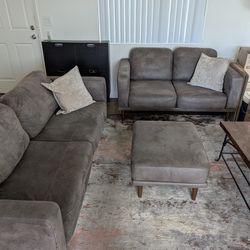 Grey Couch Set (Full, Loveseat, Ottoman)