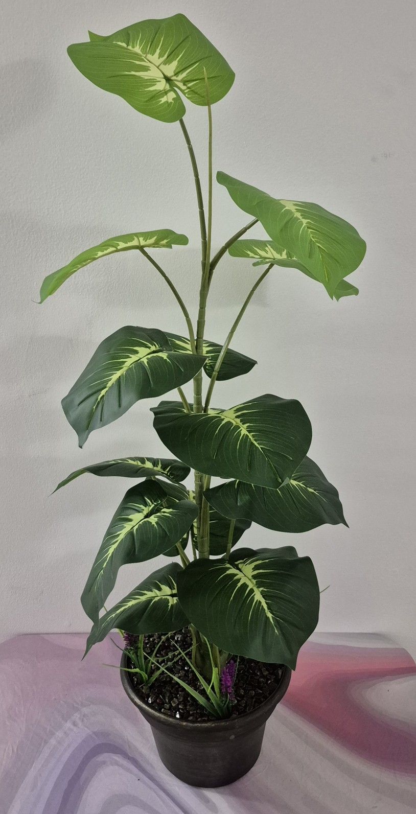 *** REDUCED *** 36" Faux Calathea Plant Topped with Dragon Blood Stone / Lavender in a Resin Planter @ Lasting Creations