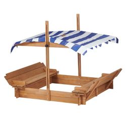 Kids Sandbox with Adjustable Cover, 46'' Wooden Sand Box with 2 Foldable Bench Seats, Outdoor Sandpit for Backyard Play