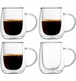 Espresso Cups, 7 oz Double Walled Glass Coffee Mugs Set of 4, Clear Hand Blown Insulated Glass Coffee Cups with Handle