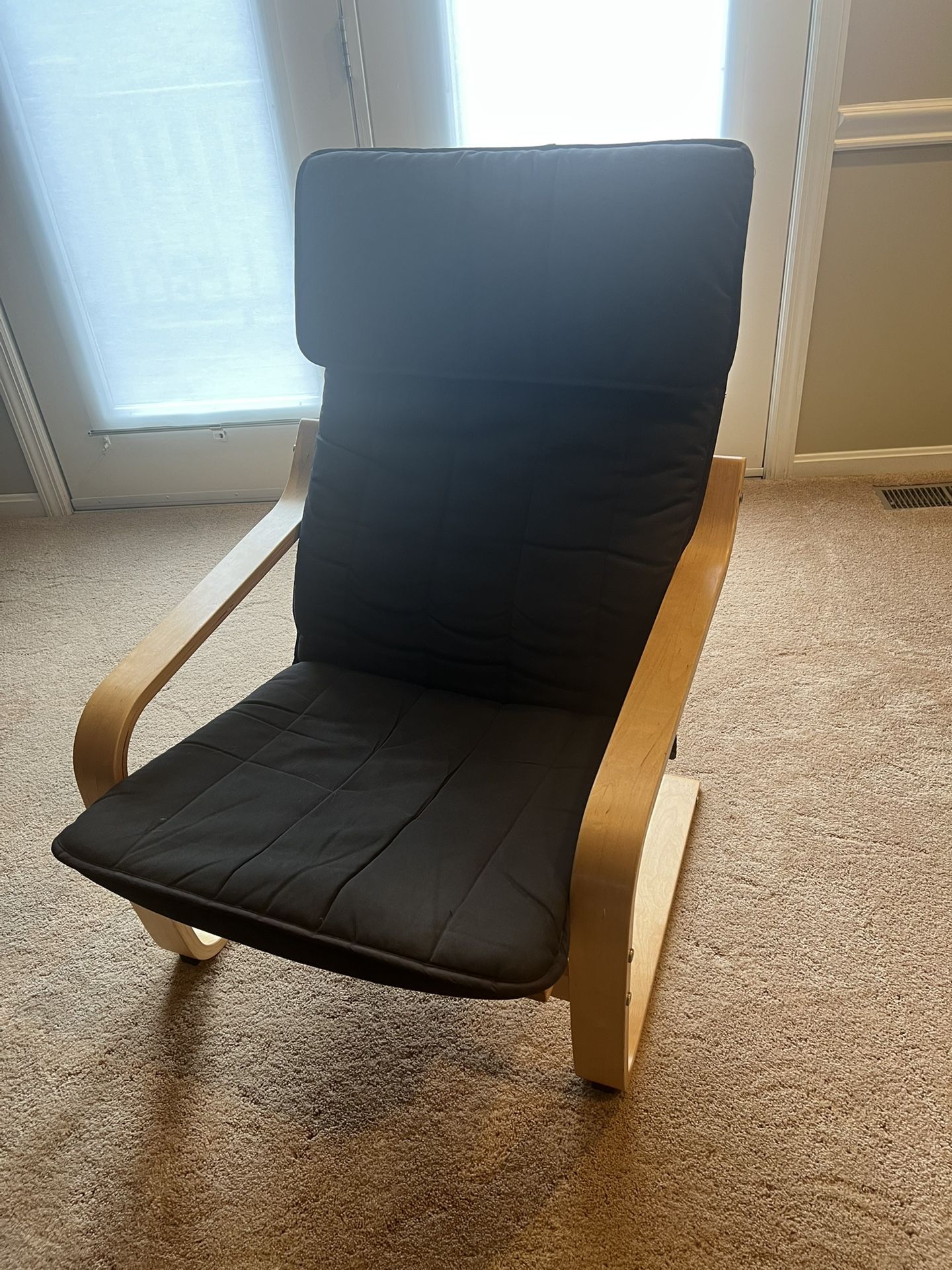 IKEA Poang Chair. Birch Frame Black Fabric Cushion 