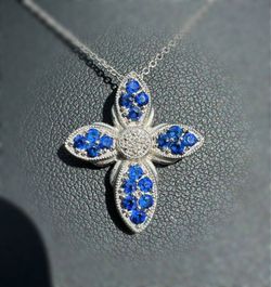 Jewelry 10k solid white gold cross flower blue sapphire stone 1.00CTW Pendant charm