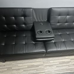 Sofa Cama , con Portavasos y USB, Piel Sintética Negra