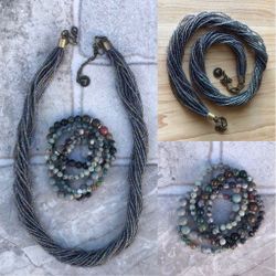 Beaded Necklace, Stackable Stretch Bracelet, Green Necklace, Jasper Bracelet, Earth Tones Necklace Bracelet set Gift, Set of 5 Bracelets,