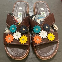 Women’s Bown/Multicolor Floral Slide Slip-On Sandals Flower Accents