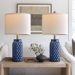 20.5 inches Modern Ceramic Dark Blue Bedside Lamp Set of 2 