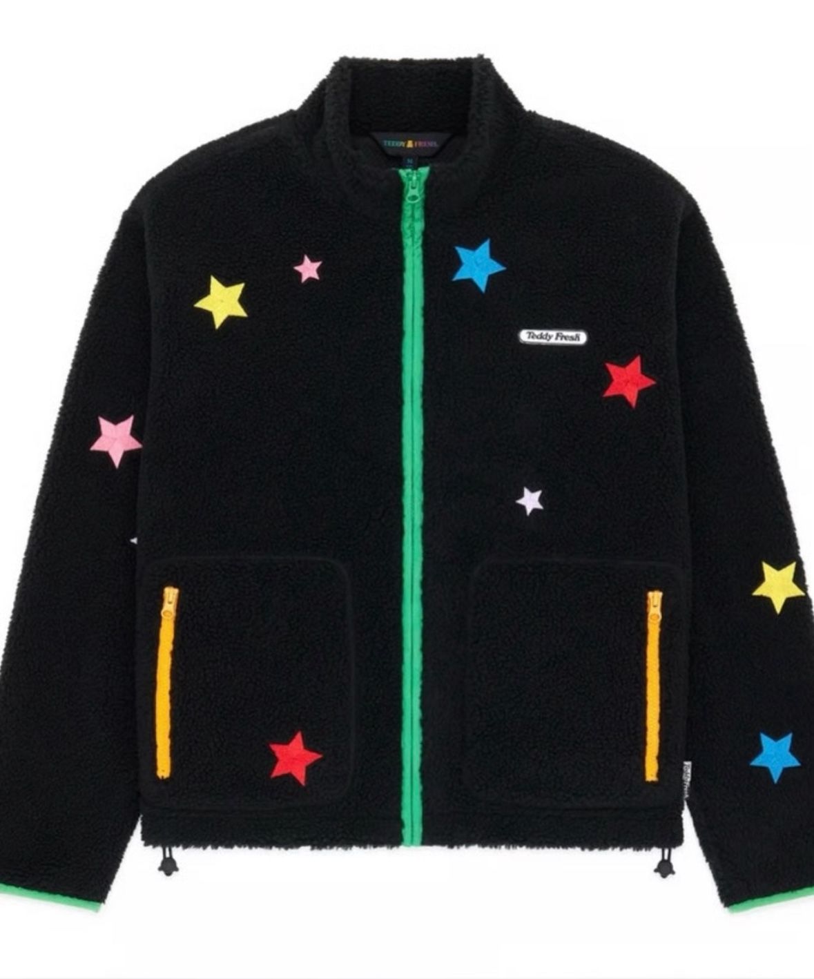 Teddy Fresh Star Sherpa Jacket, a black fleece jacket with colorful embroidered stars and a bright green zipper and trim size L