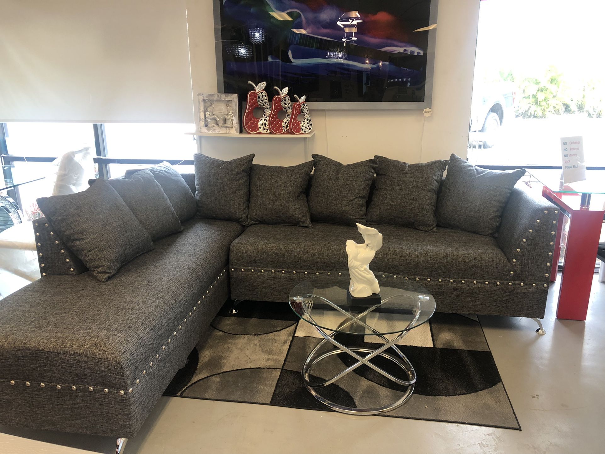 New Grey Fabric Sectional L Shape With Nail Head Chrome Legs Visit Us At 5513 8th Street W Suite 10 Lehigh K Furniture And More 