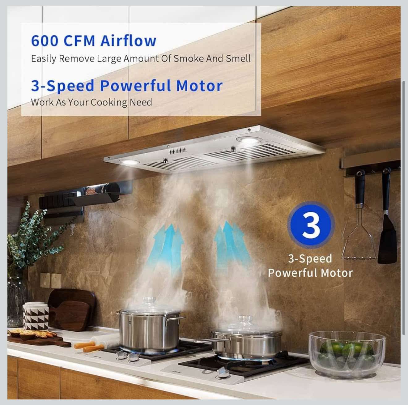 Range Hood Insert 30 inch,Stainless Steel Kitchen Vent Hood 600CFM,O-2