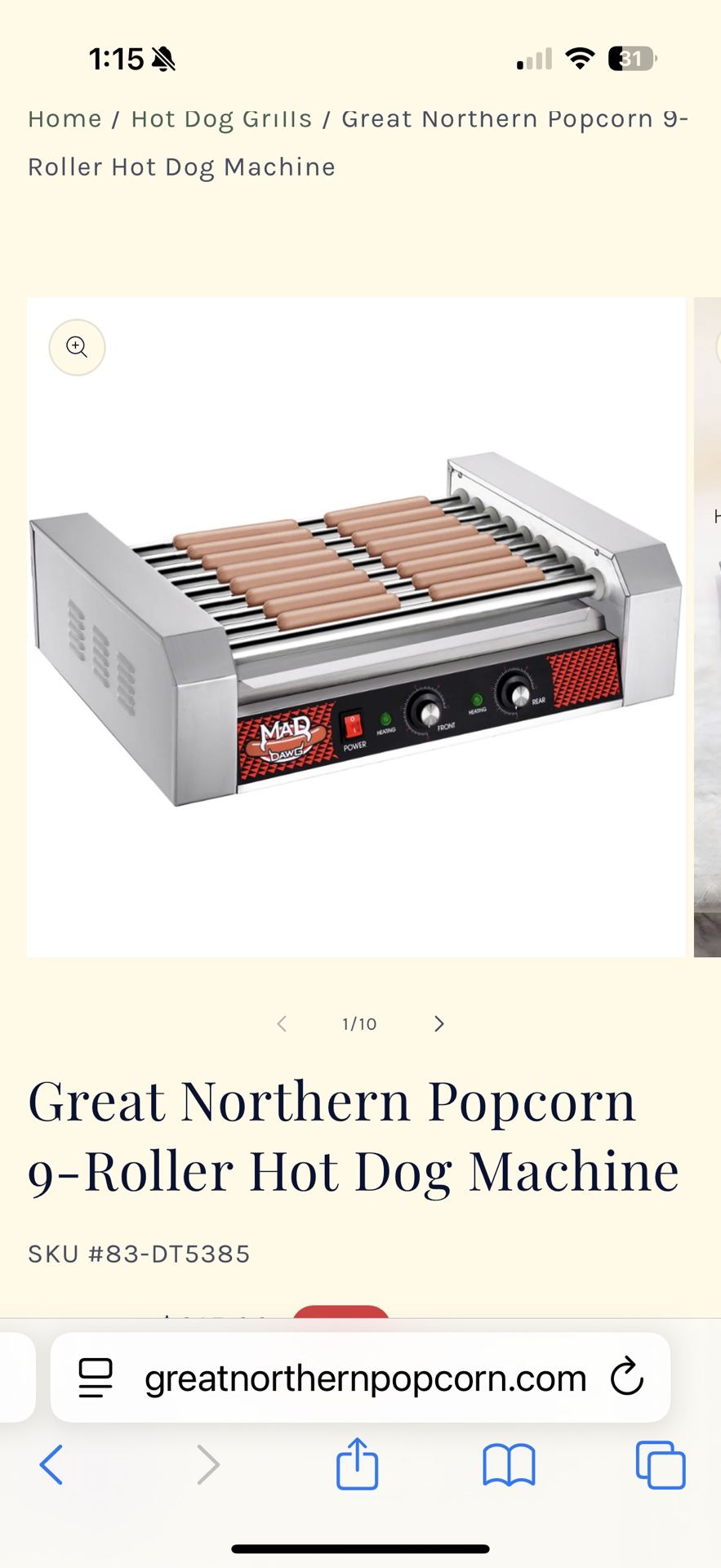 Great Northern Popcorn 9-Roller Hot Dog Machine