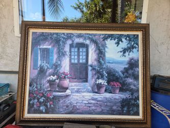 🎨 Large Framed Original-Style French Courtyard Painting – Signed
