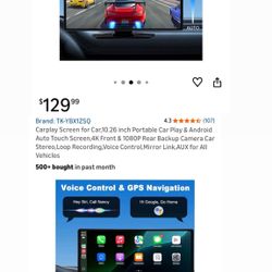 Carplay Screen for Car,10.26 inch Portable Car Play & Android Auto Touch Screen,4K Front & 1080P Rear Backup Camera Car Stereo,Loop Recording,Voice Co