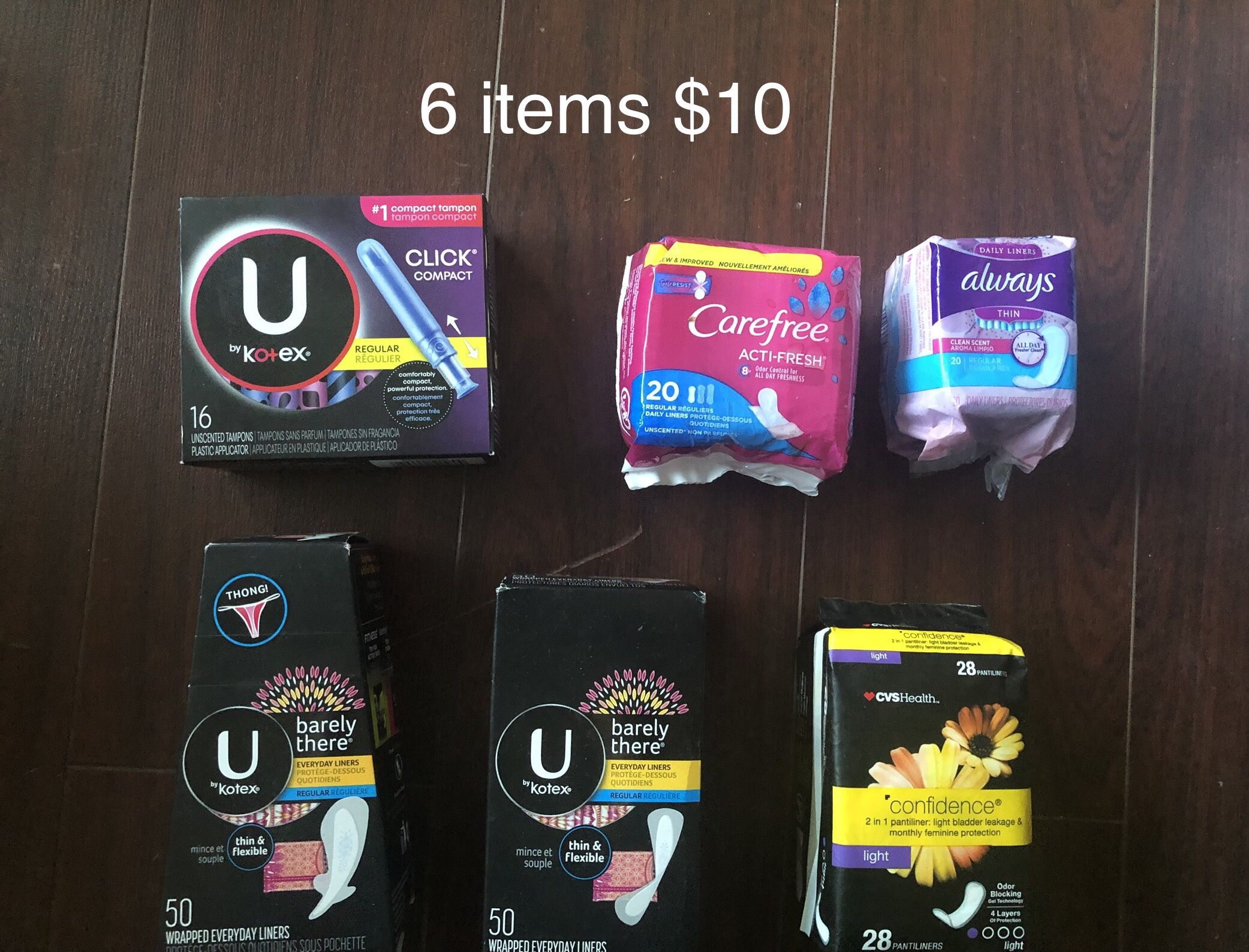 Kotex Tampon; Kotex Liners, Carefree, CVS & Always Liners: 6 Items $10