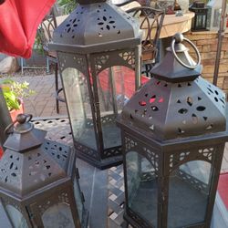 $25 All 3 Matching 3 sizes Garden Lanterns. All in Perfect Condition All Black Metal. 17"13"10"