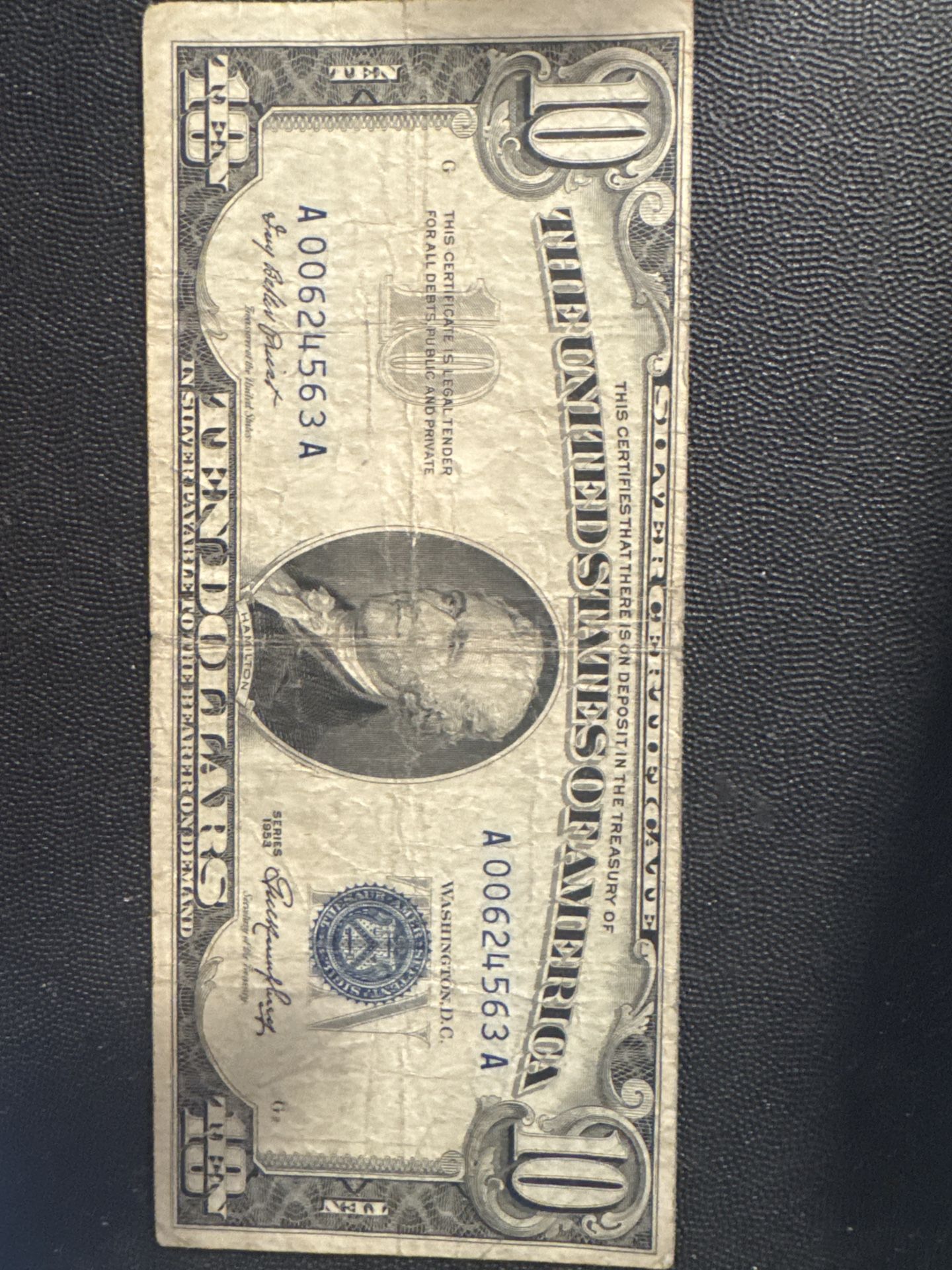 #61 1953 $10 Silver Certificate – Hamilton Portrait – Vintage U.S. Currency Collector’s Note 