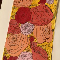8.5x5.5 Inch Rose And Poppy Floral Arrangement Painting Art 