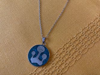 Vintage 925 Sterling Silver Mexican Turquoise Inlay Mushroom Pendant Necklace