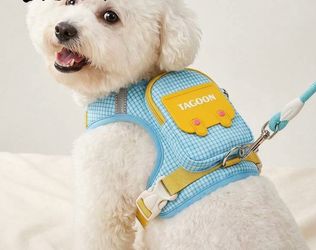 Adorable dog harness with yellow accents and attached backpack