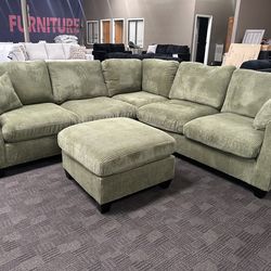 Sage green comfy sectional and ottoman