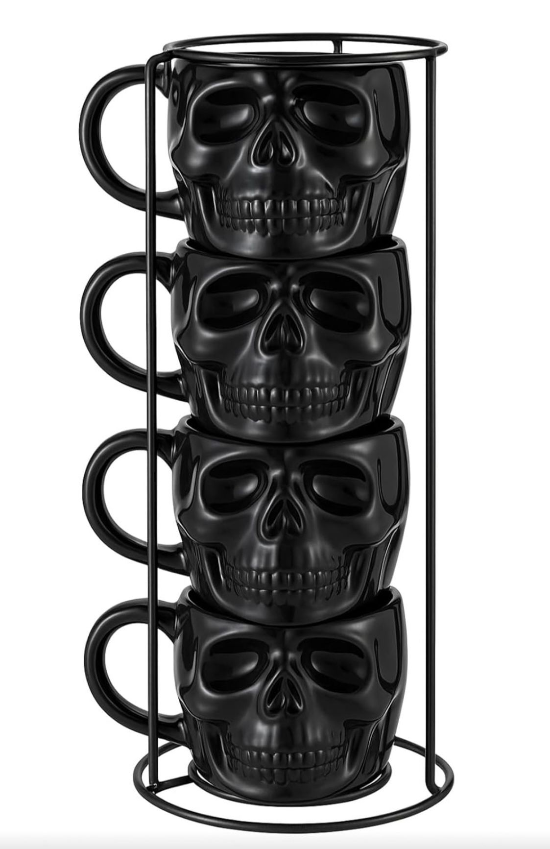 🖤 Set of 4 Black Skull Mugs with Metal Stand ☠️ / Set de 4 Tazas Calavera Negras con Base Metálica