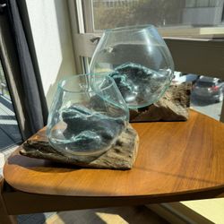 Set of 2 - Driftwood & blown Glass Cases 