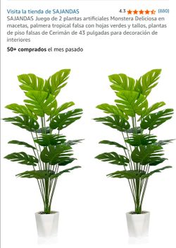 Juego de 2 plantas artificiales Monstera Deliciosa en macetas, palmera tropical falsa con hojas verde