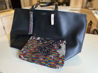 Victorias Secret Black Faux Leather Tote Set