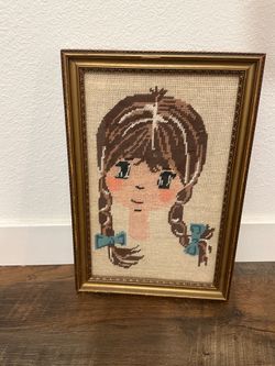 Vintage Framed Needlepoint Portrait – Handmade Wall Art