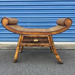 Vintage Asian Style Burnt Bamboo Rattan Scroll Arm Bench Stool Seat