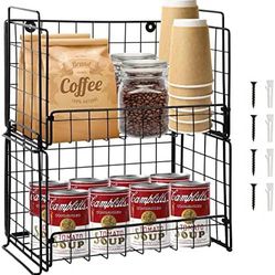 NEW! Coffee Station Organizer, 2 Tier Stackable & Wall-Mounted Coffee Bar Accessories, Tiered Fruit and Vegetable Basket, Metal Bin Wire Storage Baske