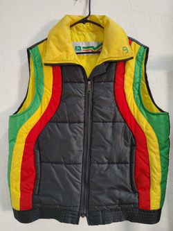 Vintage John Deere Tractor Rainbow Striped Puffer Vest Jacket Rastafarian Colors Yellow Black Green Red Gold Color Block / Color Way Unknown Size