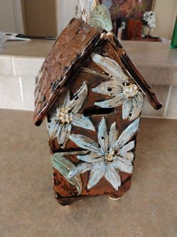 Vintage georgous Art Pottery Handmade 
Coin Bank House 
13" Tall and weights about 5 Lbs