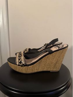 Black Wedge Sandals with Raffia Platform and Beaded Straps size 8.5