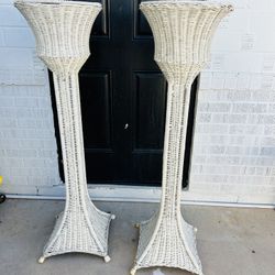 vintage white wicker trumpet-shaped plant stands