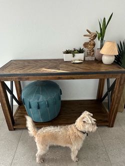 Rustic Industrial Chevron Console Table with Lower Shelf