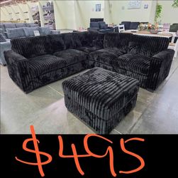 Black Jumbo Corduroy Sectional Sofa With Ottoman 99x99 "