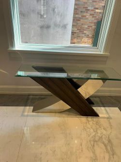 Beautiful Modern "X" chrome and wood style base console table