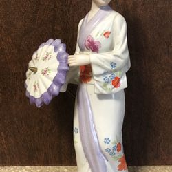 Vtg. Japanese Genuine Porcelain Geisha Girl W/ Umbrella Figurine 11" Height