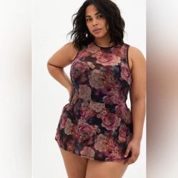 TORRID Pink Black Rose Floral Short Mesh Overlay Swim One Piece Dress