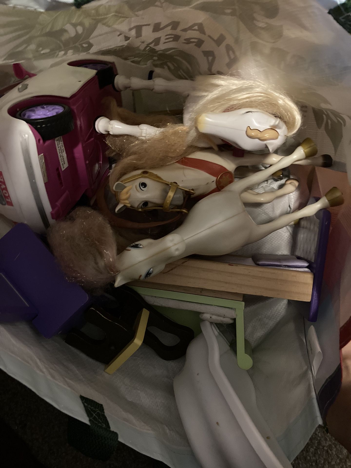 3 Barbie Horses, Car, And Furniture
