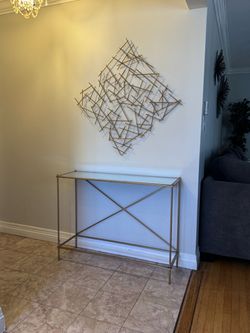 Gold Metal Console Table with Glass Top & Wall art