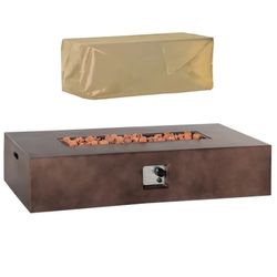 Outsunny 56" Firepit Table for Outside, 50,000 BTU Large Rectangular Stone Gas Firepit with Lava Rocks & Rain Cover, Fits 20lb Tank, Brown