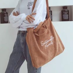 Sustainable Moment Corduroy Embroidery Stripe Crossbody Bag Tote Brown 