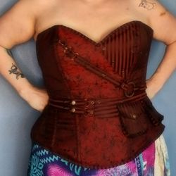 Red striped/brocade Overbust Corset With Removable Pouches Size 40