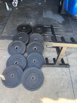 PRX crumb rubber bumper Olympic weights 260lbs total plus weight tree